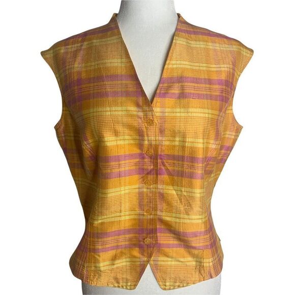 Vintage Silk Sleeveless Button Down Top 8 Orange Plaid Flower Buttons V Neck - Picture 1 of 6